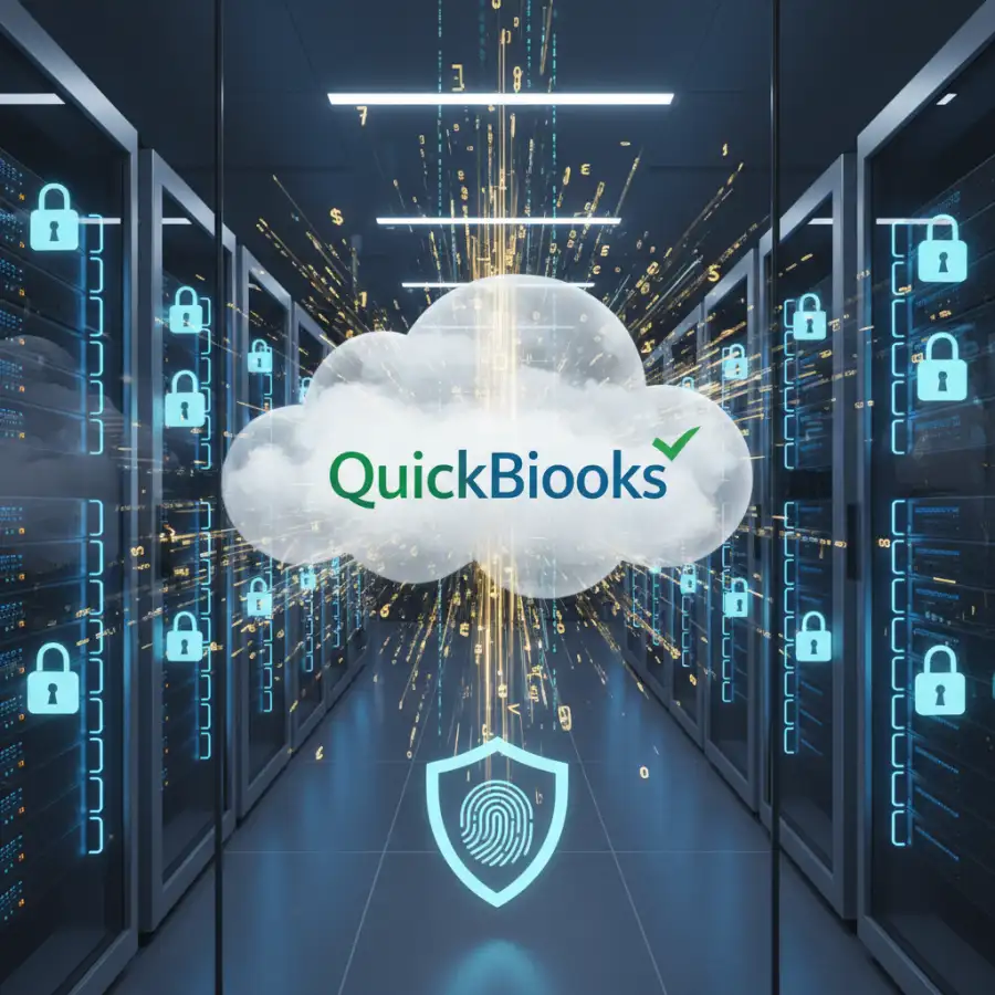 An illustration showing various security features and performance indicators surrounding a cloud server, representing essential hosting features.