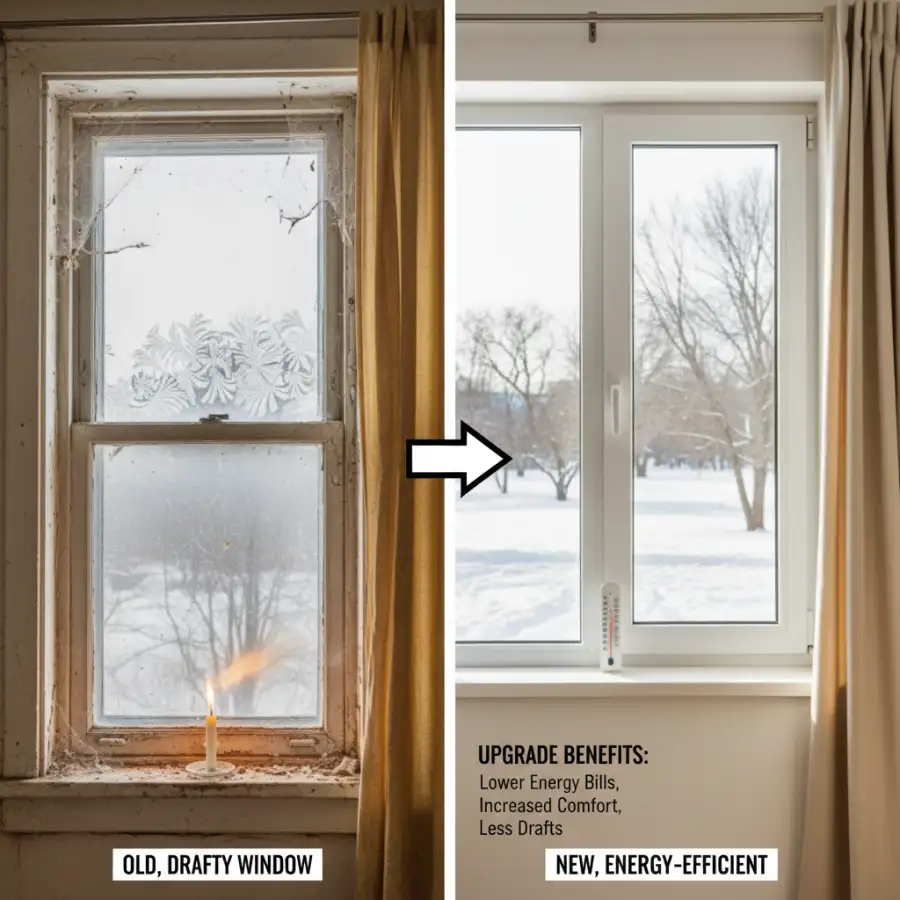 A contractor installing a new vinyl window in a multi-unit rental building, with various tools and materials visible.