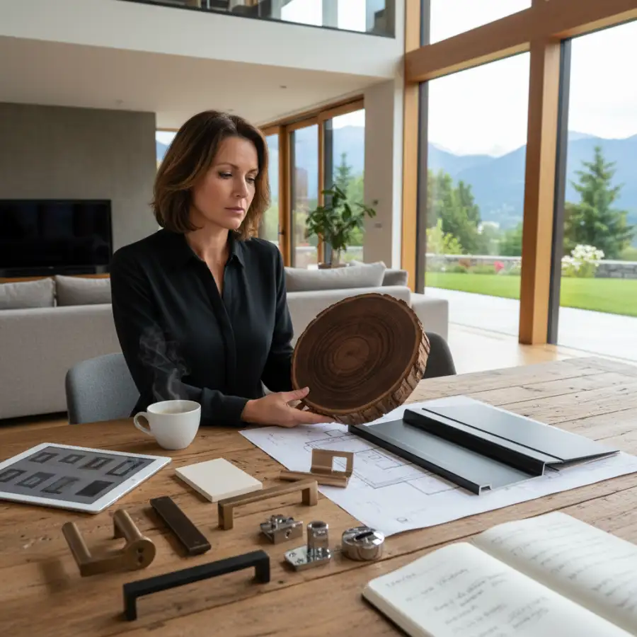 A close-up of a luxury window frame showcasing high-quality wood, intricate hardware, and multi-pane glass, highlighting detailed craftsmanship.