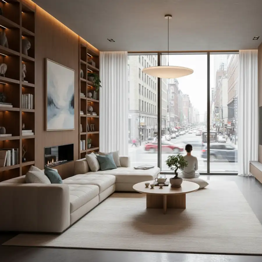 A person looking out a window at a bustling city street, with sound waves emanating from the street but dampened by the window, symbolizing noise reduction.