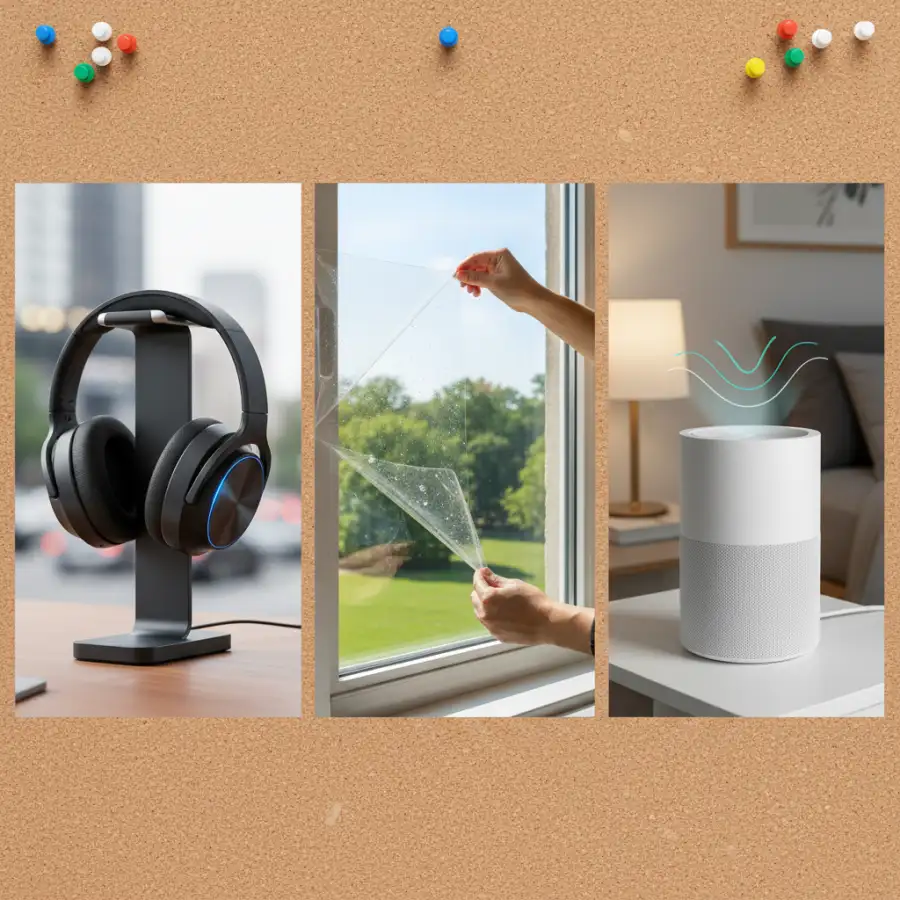 A split image showing an old, rattling window on one side and a modern, soundproofed window on the other, with sound waves visibly blocked.