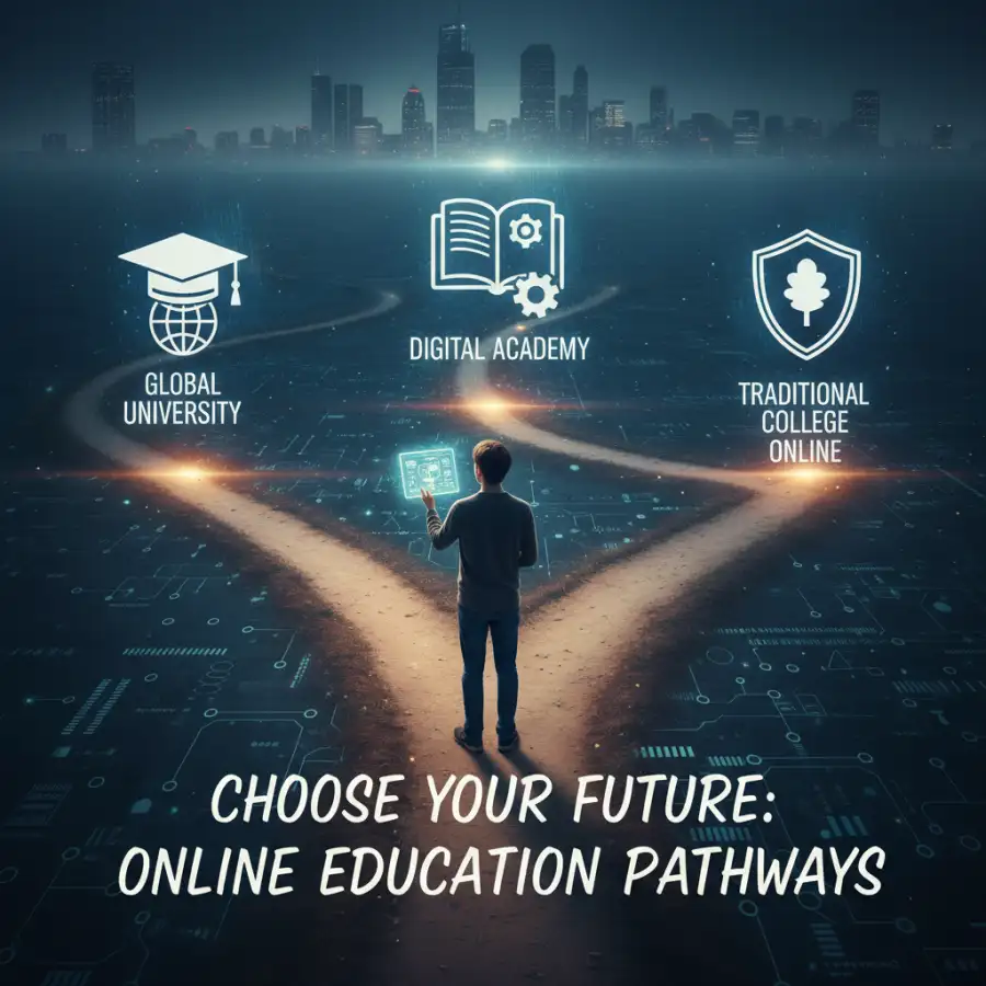 Student studying online with laptop and textbooks, illustrating a guide to online colleges in 2025.