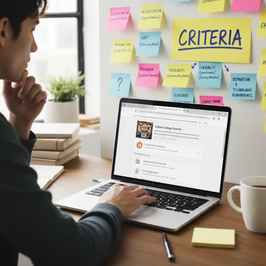 Person pointing at online education options on screen, symbolizing careful enrollment.