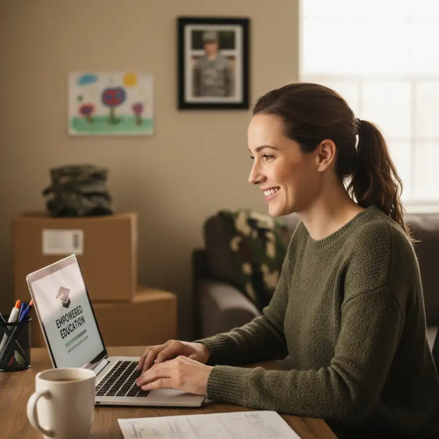 Diverse students, including a military veteran, studying online, representing supportive college environments.