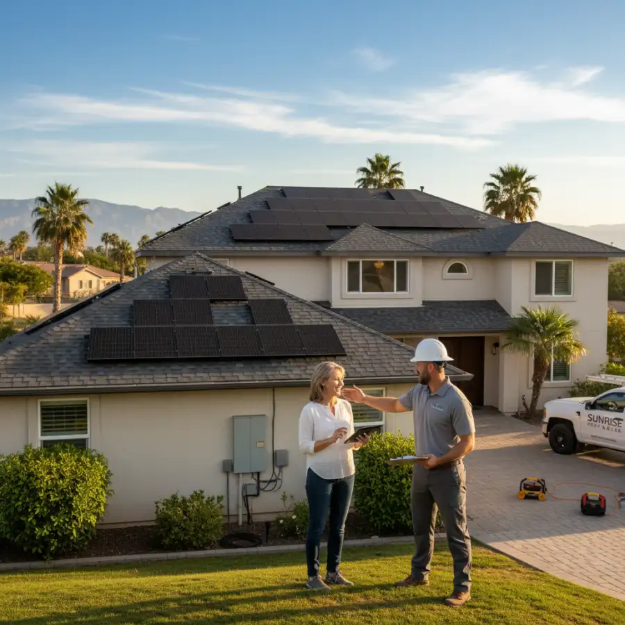 Modern home with new roof and solar panels, illustrating integrated solar and roofing services.