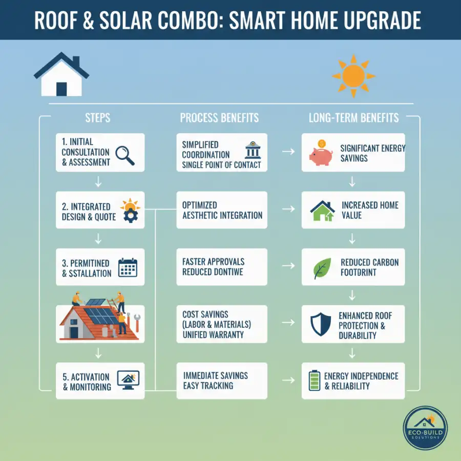 Roofer installing new shingles with solar panels visible in the background, showcasing coordinated installation.