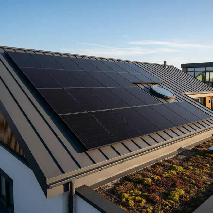 Blueprints of a house with solar panels, symbolizing the planning and guide for solar and roofing integration.