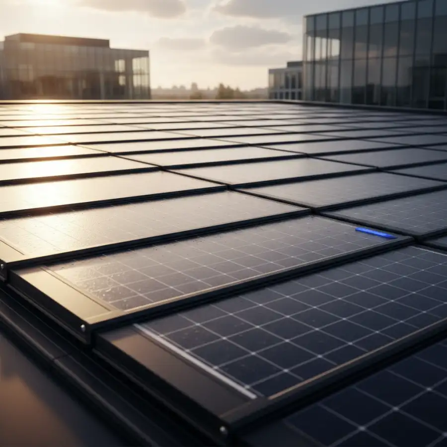 Engineers inspect solar panels on a commercial rooftop with city skyline, showing professional installation.