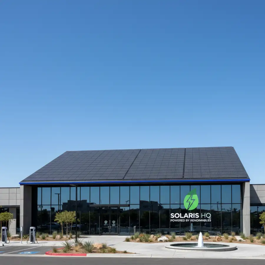 Diagram of energy flow from commercial solar panels to grid and building, explaining solar economics.