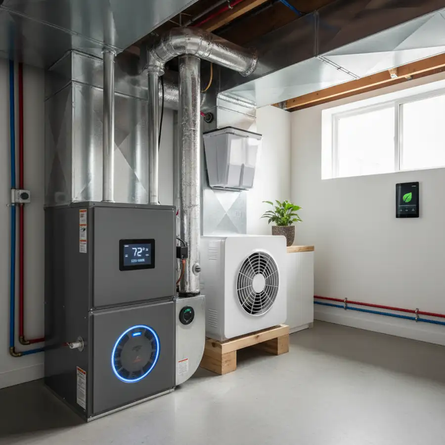 An HVAC technician discusses system options with a homeowner, representing expert advice from a local company.