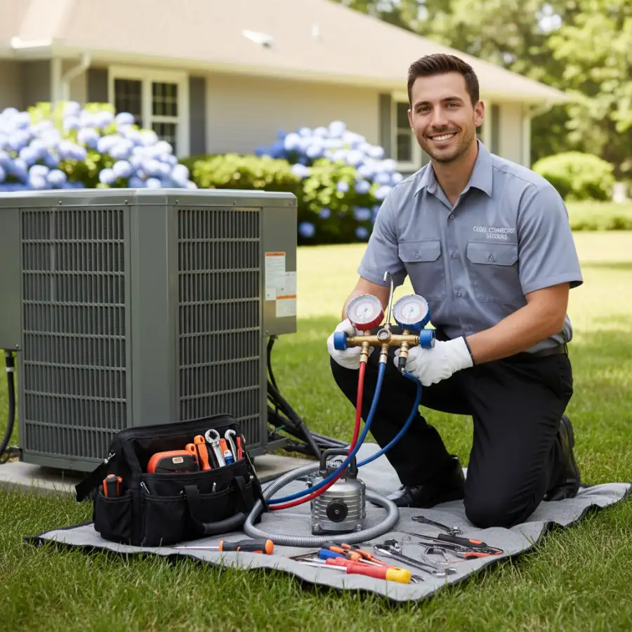 A modern smart thermostat displays home climate control, symbolizing efficient and reliable HVAC management.