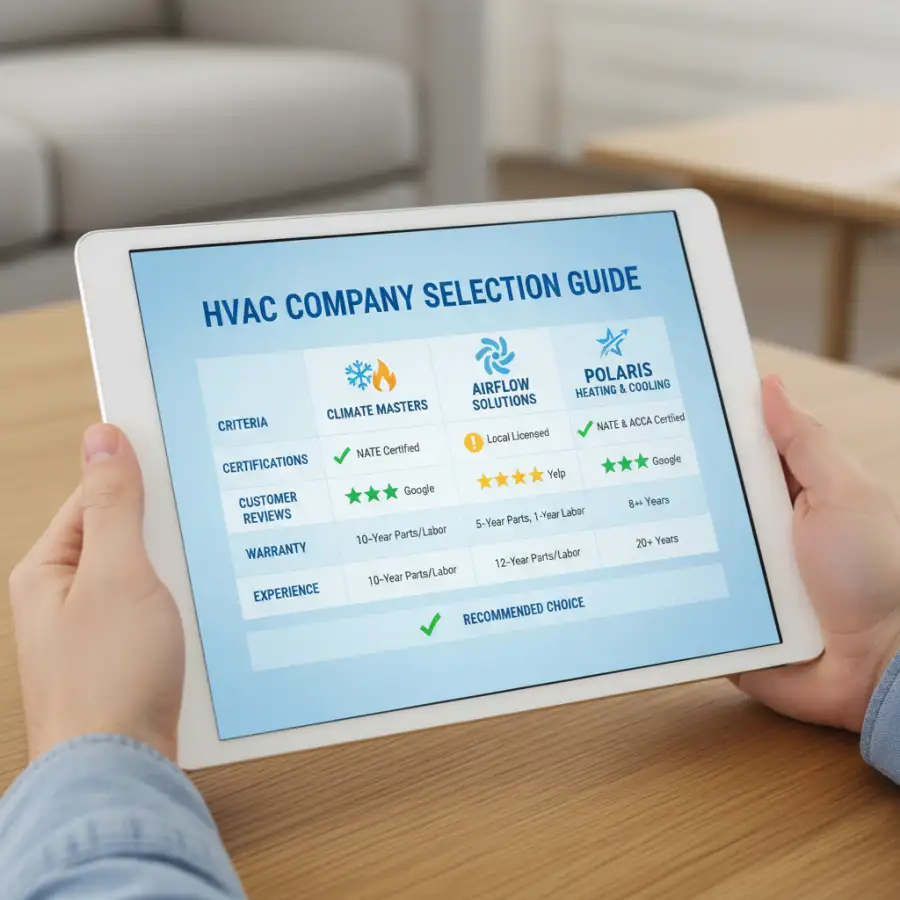 HVAC technician consulting a tablet while working on a furnace, demonstrating modern diagnostic service.