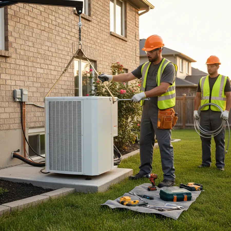 HVAC technician explains installation details to a homeowner using a blueprint, providing expert guidance.