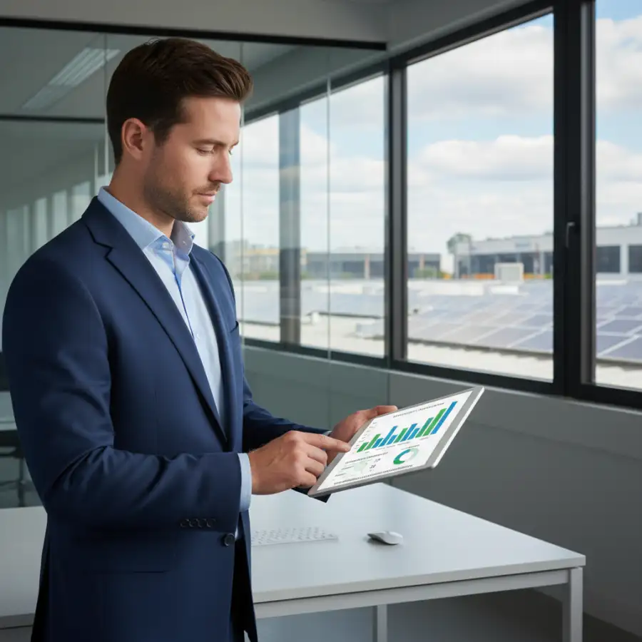 An overhead view of a commercial rooftop adorned with rows of neatly arranged solar panels, demonstrating a significant renewable energy investment.