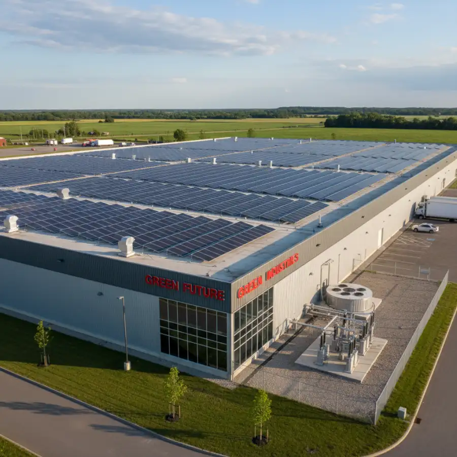 A group of business professionals reviewing a detailed financial report and charts related to commercial solar panel investment and ROI.