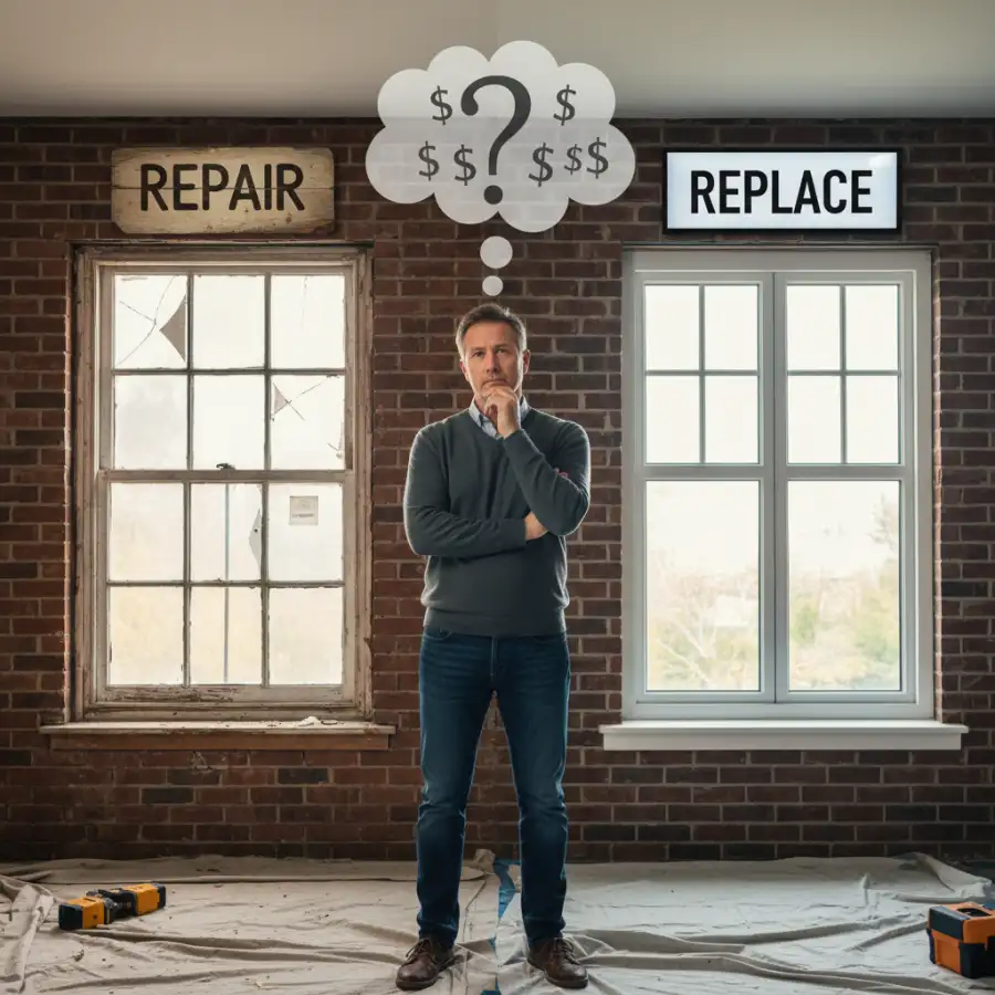 Comparison diagram of old single-pane window glass versus modern, energy-efficient double-pane with argon gas.