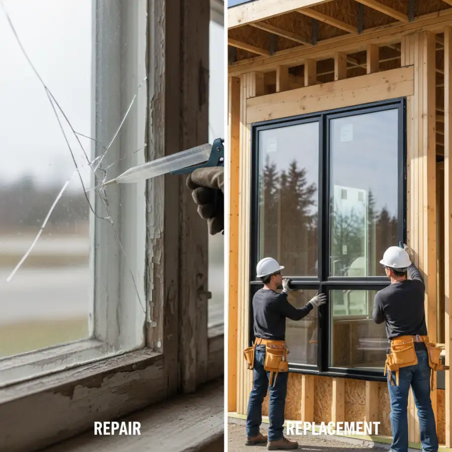 A professional window installer measuring a window opening for a replacement, emphasizing precision and expert installation.