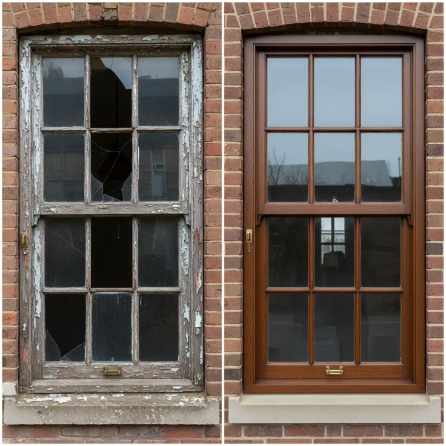 A side-by-side comparison of an original deteriorated historic window next to a newly installed, historically accurate and energy-efficient replacement window, highlighting the blend of old and new.
