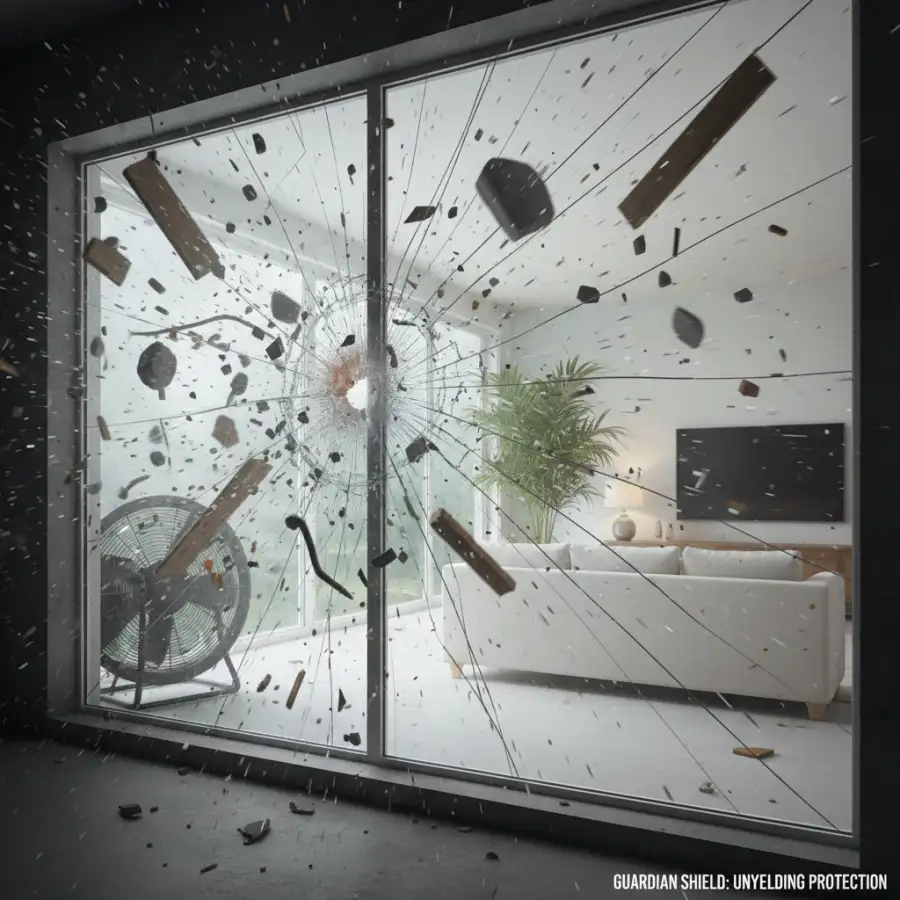 Detailed cross-section of an impact window, highlighting laminated glass, reinforced frame, and seals for storm protection.