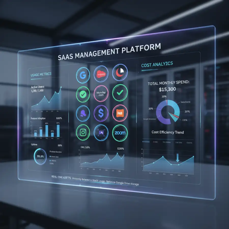 Team discussing a SaaS management platform interface, focusing on training and adoption