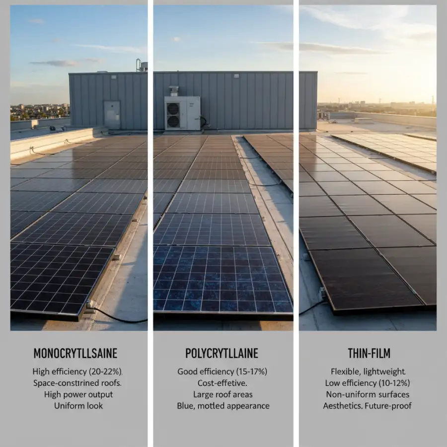 Engineer reviewing a commercial solar blueprint with industrial rooftop solar panels.