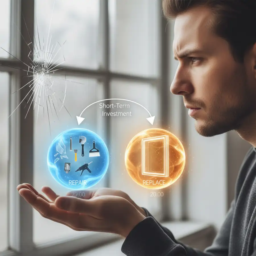 Homeowner inspecting a visibly damaged window, contemplating repair or full replacement options.