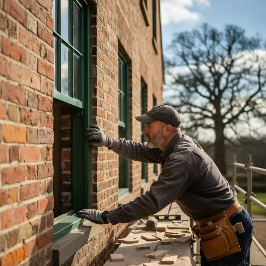 Skilled carpenter meticulously restoring an old wooden window frame, emphasizing craftsmanship and preservation.