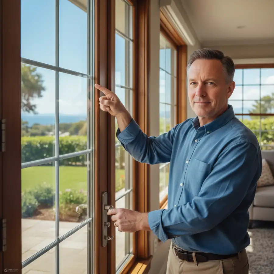 Interior view of a modern impact window, showcasing its clear laminated glass and strong frame, with a calm home environment.