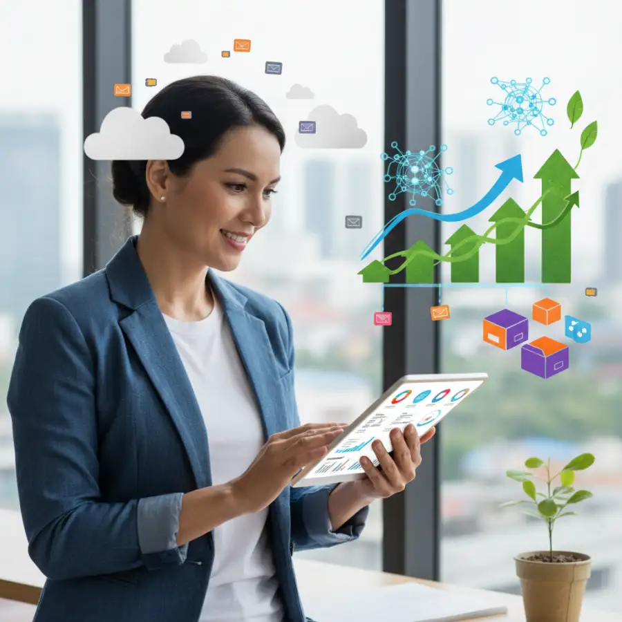 Screenshots of various business management software interfaces displayed on a tablet, illustrating diverse features and design.