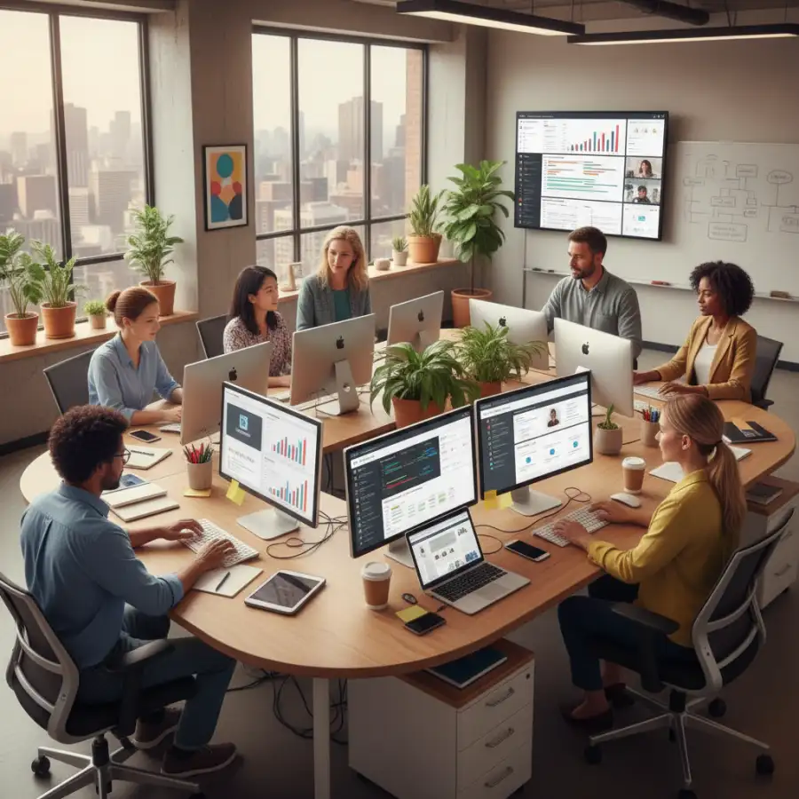 Diverse team collaborating on a project using integrated management software for unified workflow.