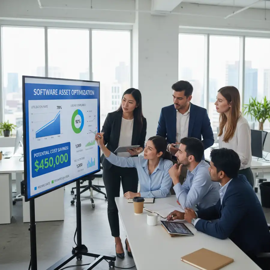 A professional analyzing software license compliance reports on a computer screen, highlighting the importance of SaaS SAM for auditing.