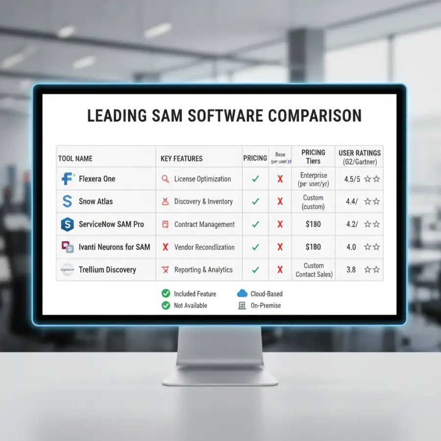 An IT manager discussing SaaS optimization strategies with a team, with charts showing cost savings and license utilization, emphasizing data-driven decisions.
