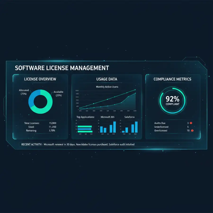 Team reviewing SaaS asset management data on a large screen, symbolizing strategic decision-making and collaboration.