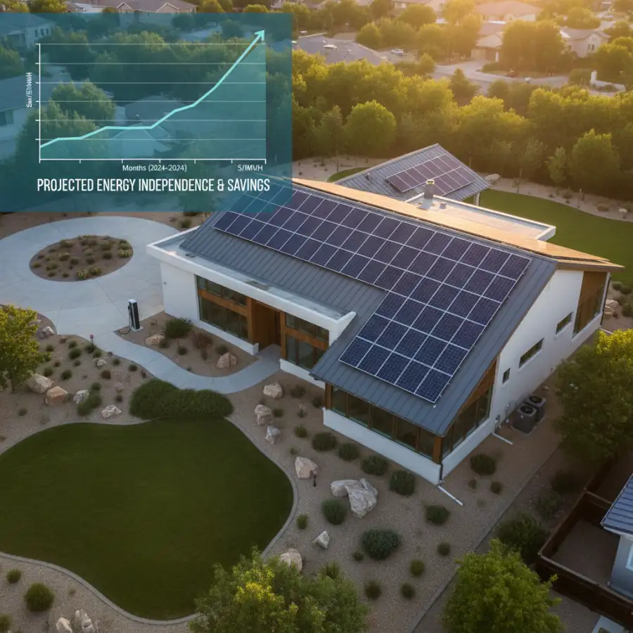 Homeowner comparing financial data on laptop with rooftop solar panels, symbolizing decision-making.