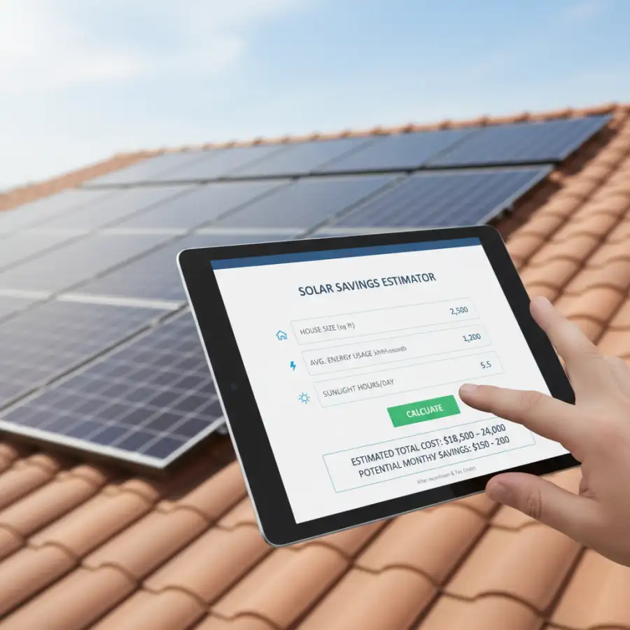 Calculator shows positive financial savings, with solar panels in background, representing benefits.
