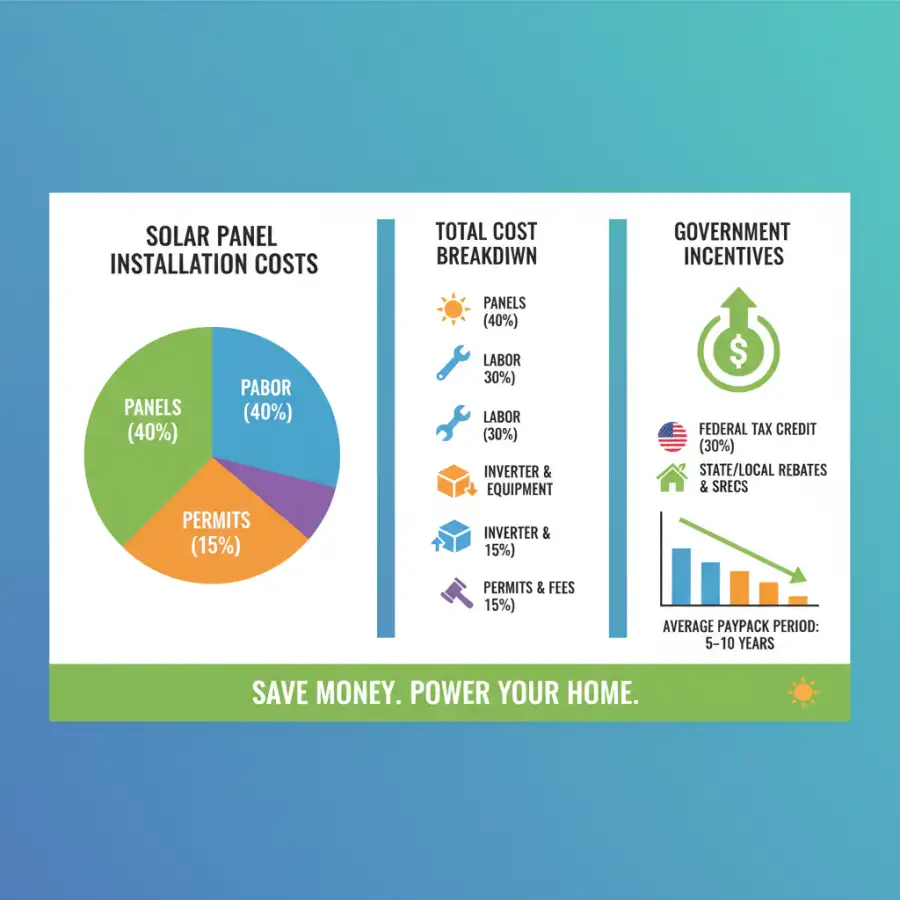 A diverse group of technicians reviewing schematics for a solar panel installation, emphasizing the planning and labor involved.