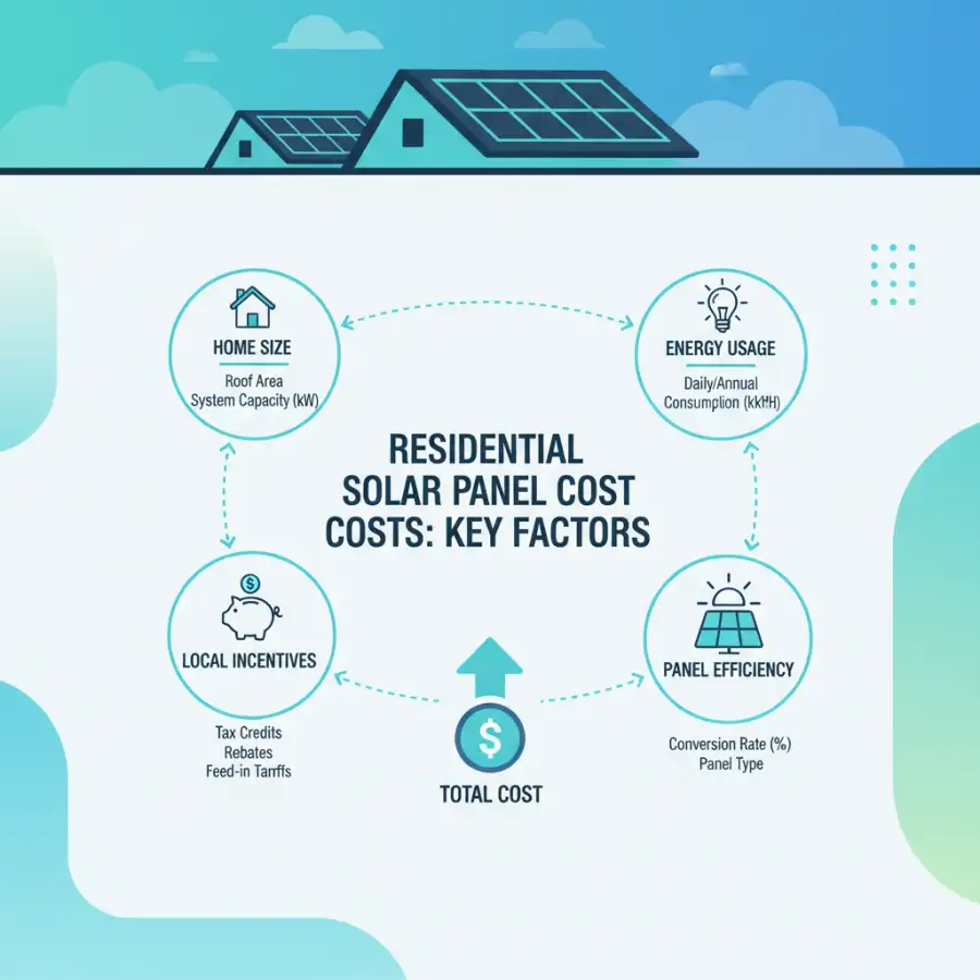 House with solar panels, showing data for electricity usage, roof orientation, and shading.