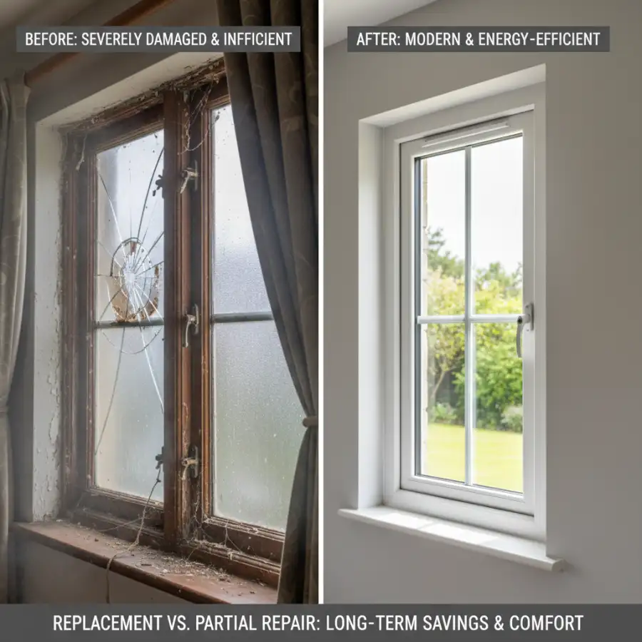 Modern, energy-efficient window installed in a home interior, showcasing natural light, comfort, and updated aesthetics.