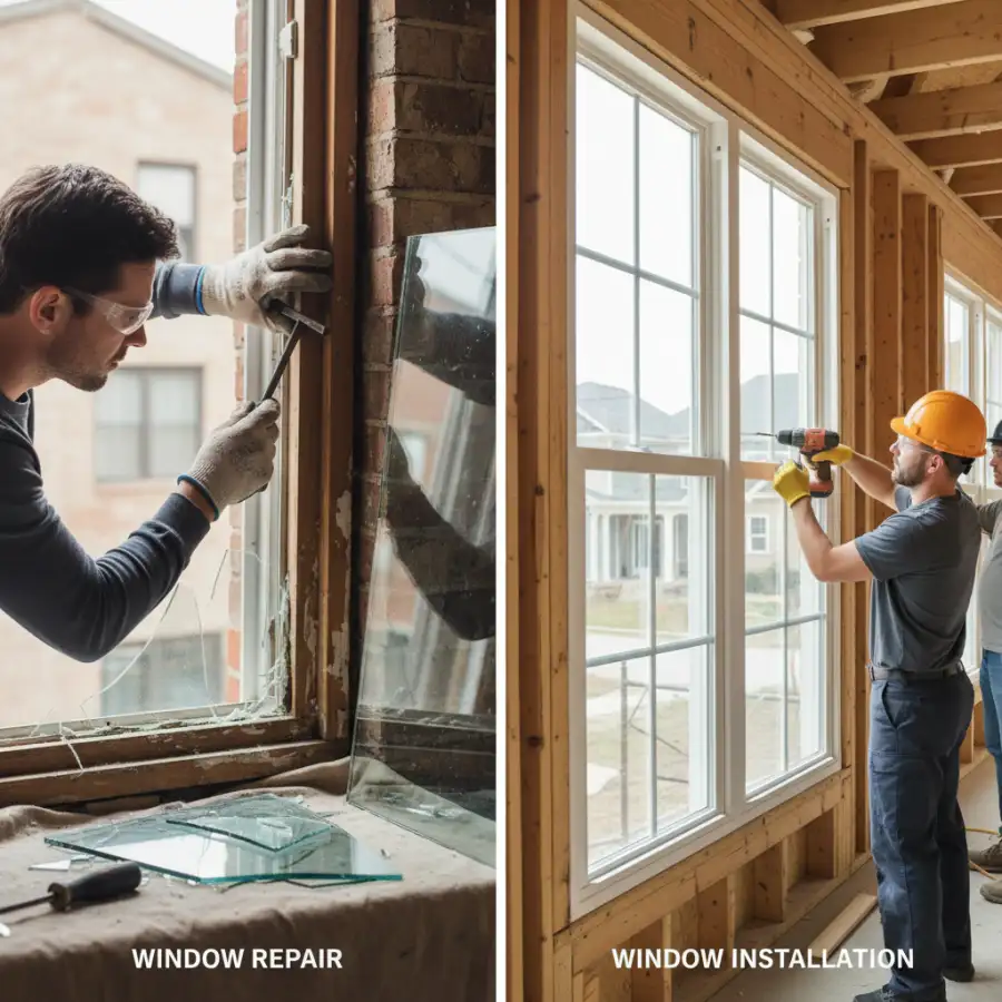 Severely damaged, old window frame with peeling paint, highlighting the complexities and risks of repair.