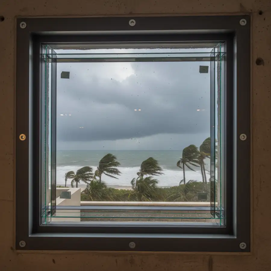 A coastal home with impact windows confidently facing a simulated storm, emphasizing safety and resilience.