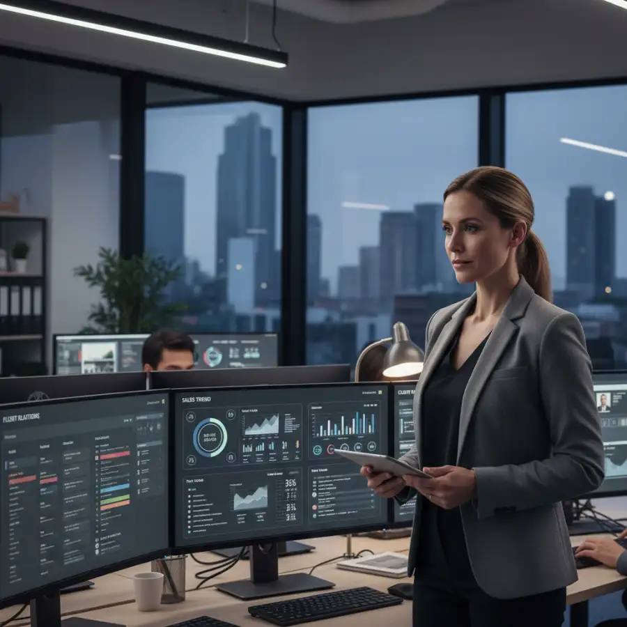 Computer dashboard displaying integrated business metrics: sales, customer data, and project timelines.