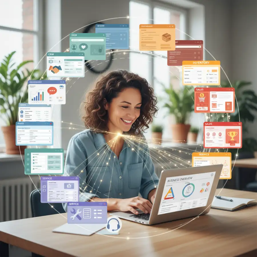 Diverse small business team working collaboratively on laptops, enabled by management software.