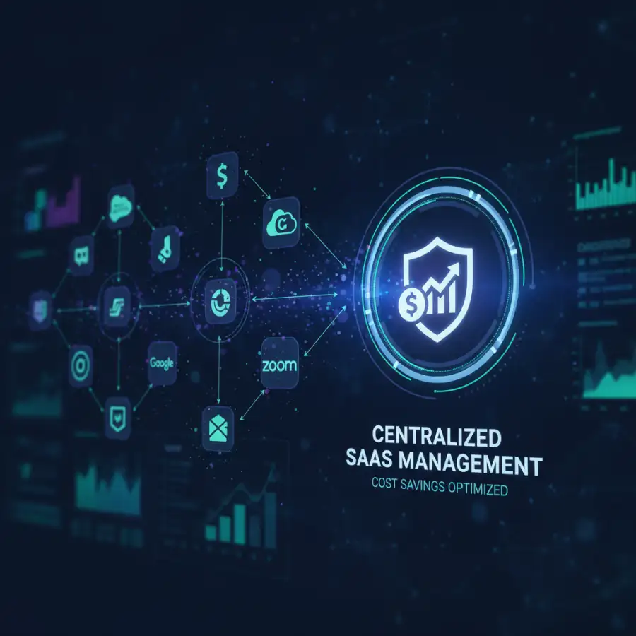 A diverse team of professionals collaborating around a table with laptops and tablets, visualizing SaaS application data on a large screen, symbolizing unified SaaS management.