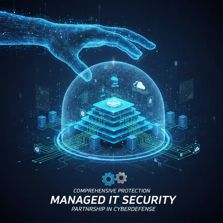 A complex network diagram illustrating data flow and security layers, symbolizing the operational framework of managed security.