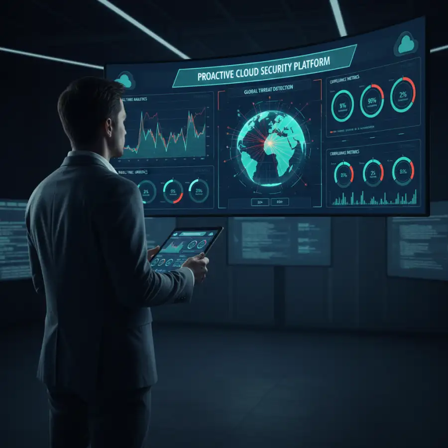 A layered diagram showing IAM, network security, data protection, and monitoring as cloud security architecture components.