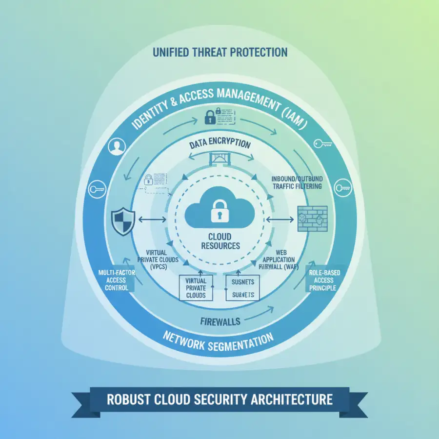 Visual representation of cloud security risks: misconfigurations, unpatched systems, unauthorized access.