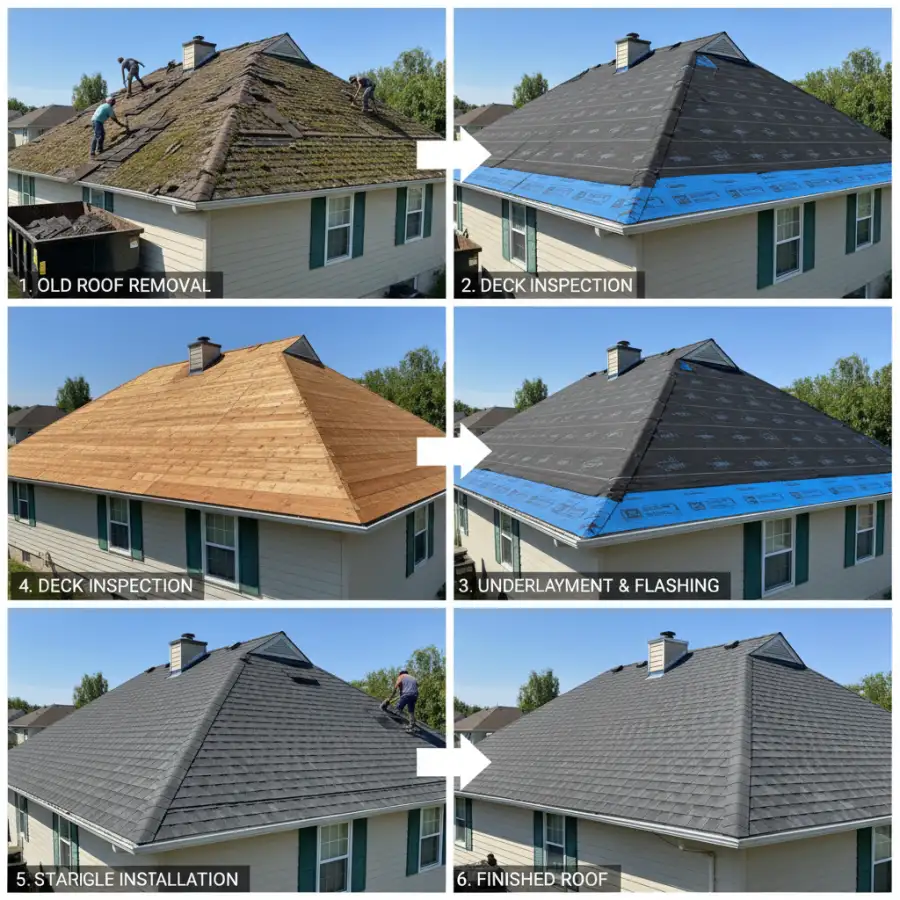 Roofer points out damaged wood decking, illustrating hidden costs in roof replacement.