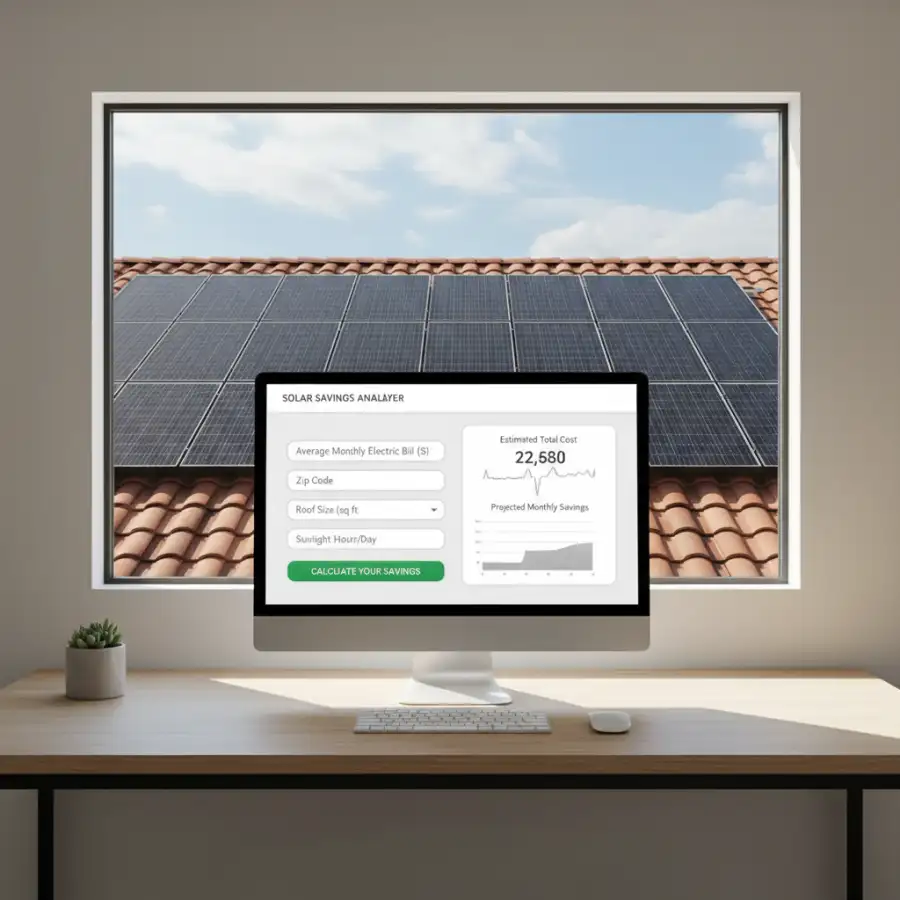 Calculator displaying numbers related to solar panel savings and return on investment.
