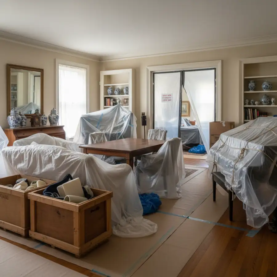 Home interior with pictures removed, furniture covered for roof replacement.