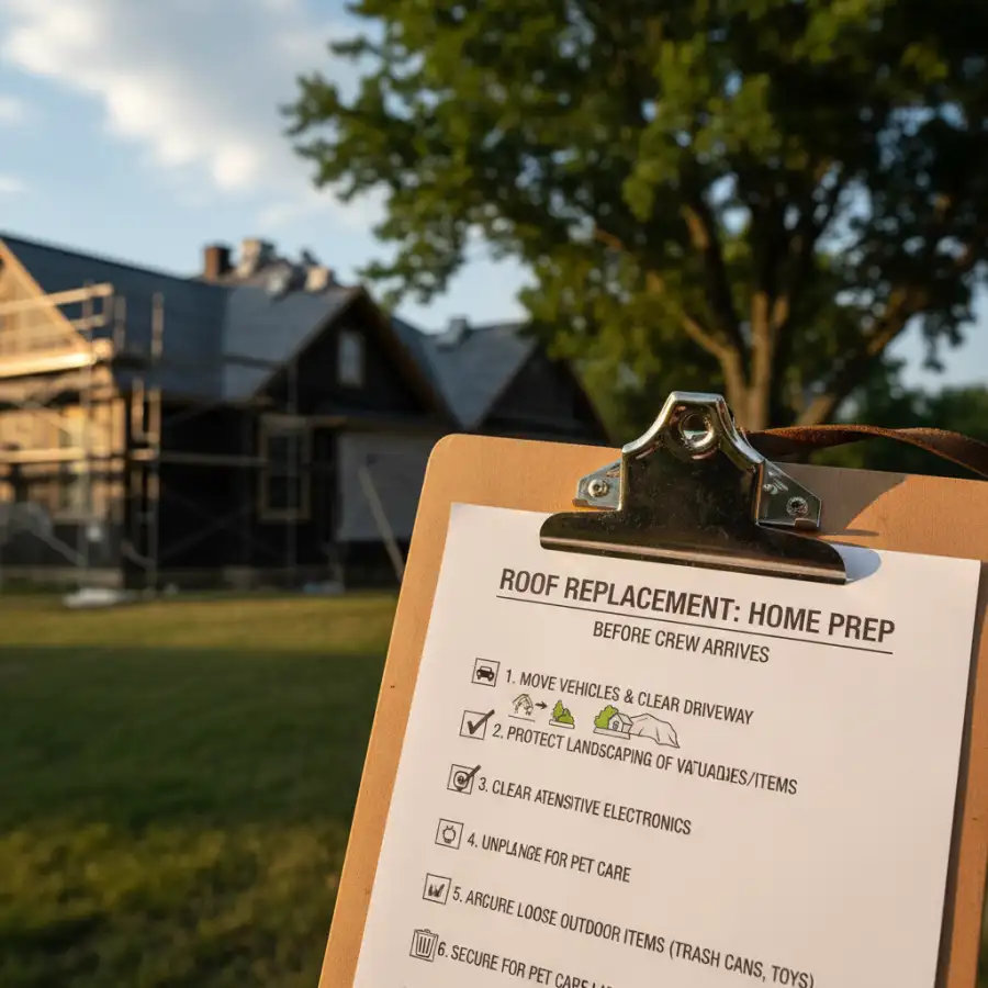Contractor and homeowner inspecting a newly installed roof after completion.